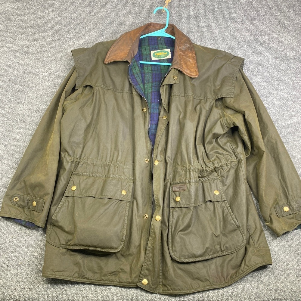 RM Williams Mens Oilskin Jacket Waxed Cotton Leather Collar Green Plaid Lined L